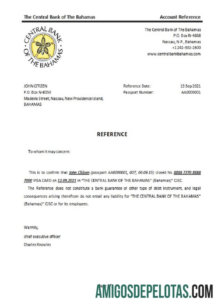 Bahamas Referência de fechamento do Banco Central das Bahamas exemplo